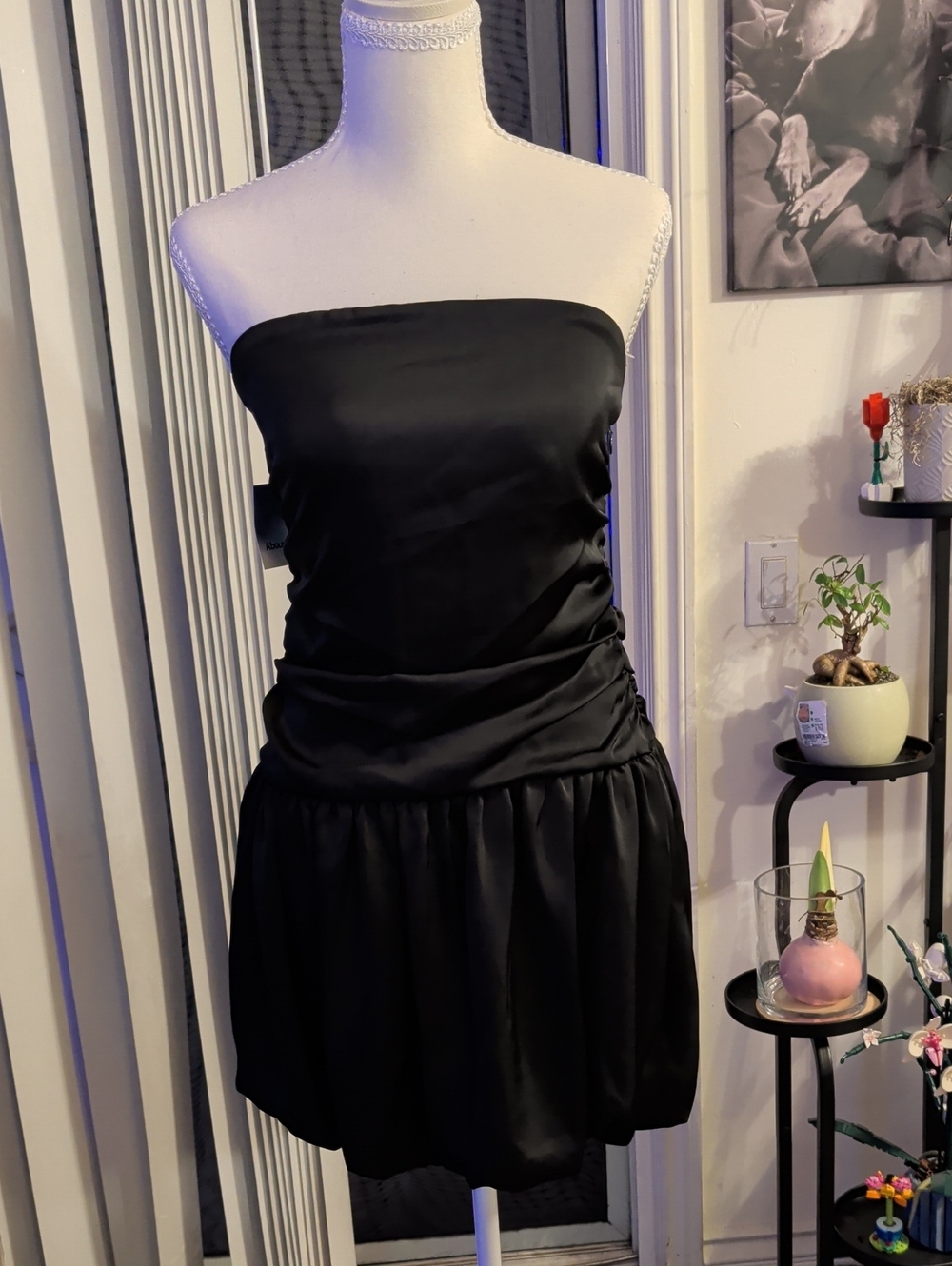Abound Strapless Black Ruched Satin Cocktail Dress, Medium